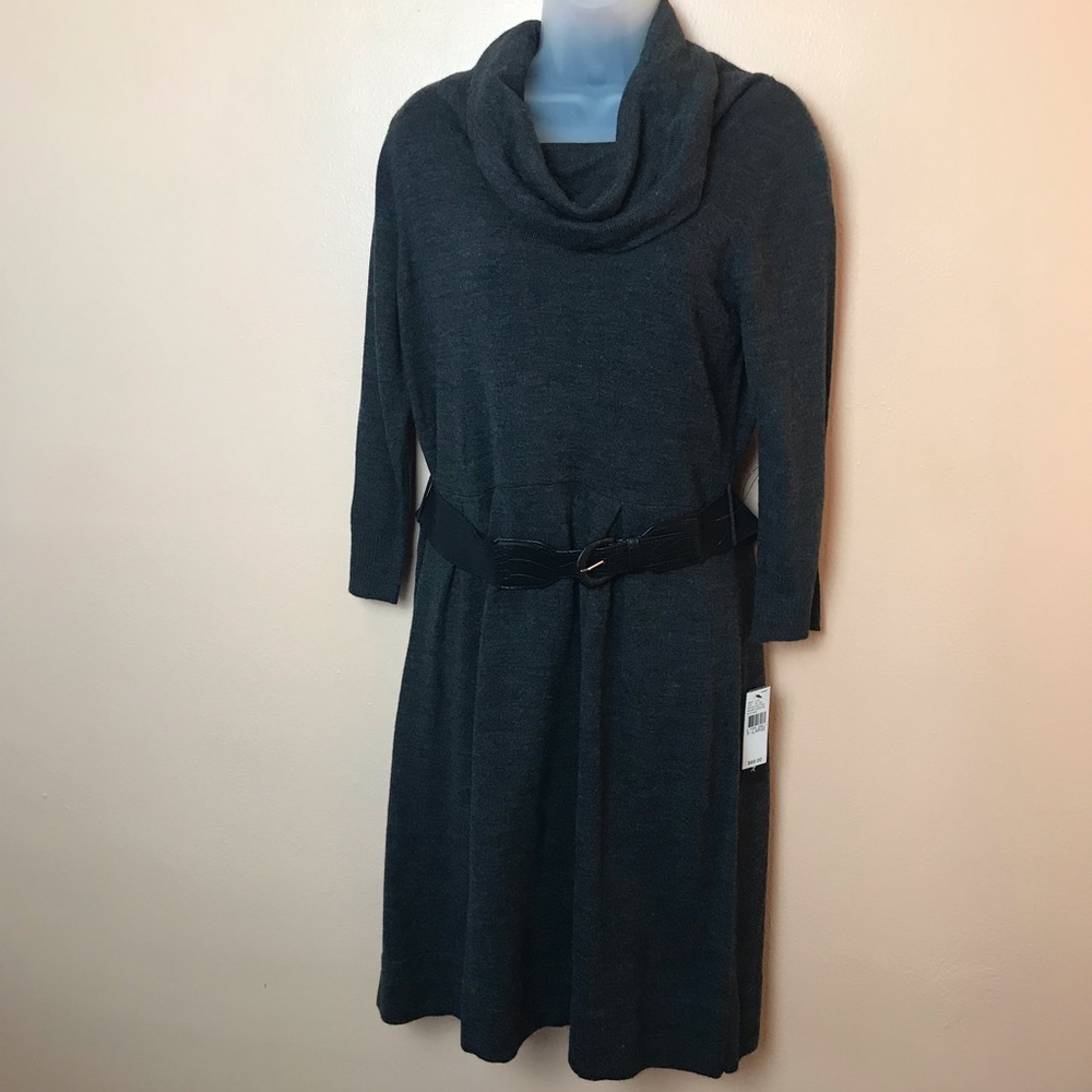AB Studios Gray Cowl Neck Belted Sweater Dress XL